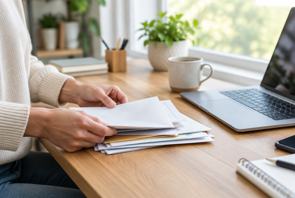 A person organizing printed documents and mail at a tidy home-office desk