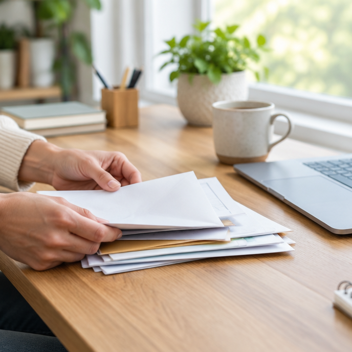 A person organizing printed documents and mail at a tidy home-office desk