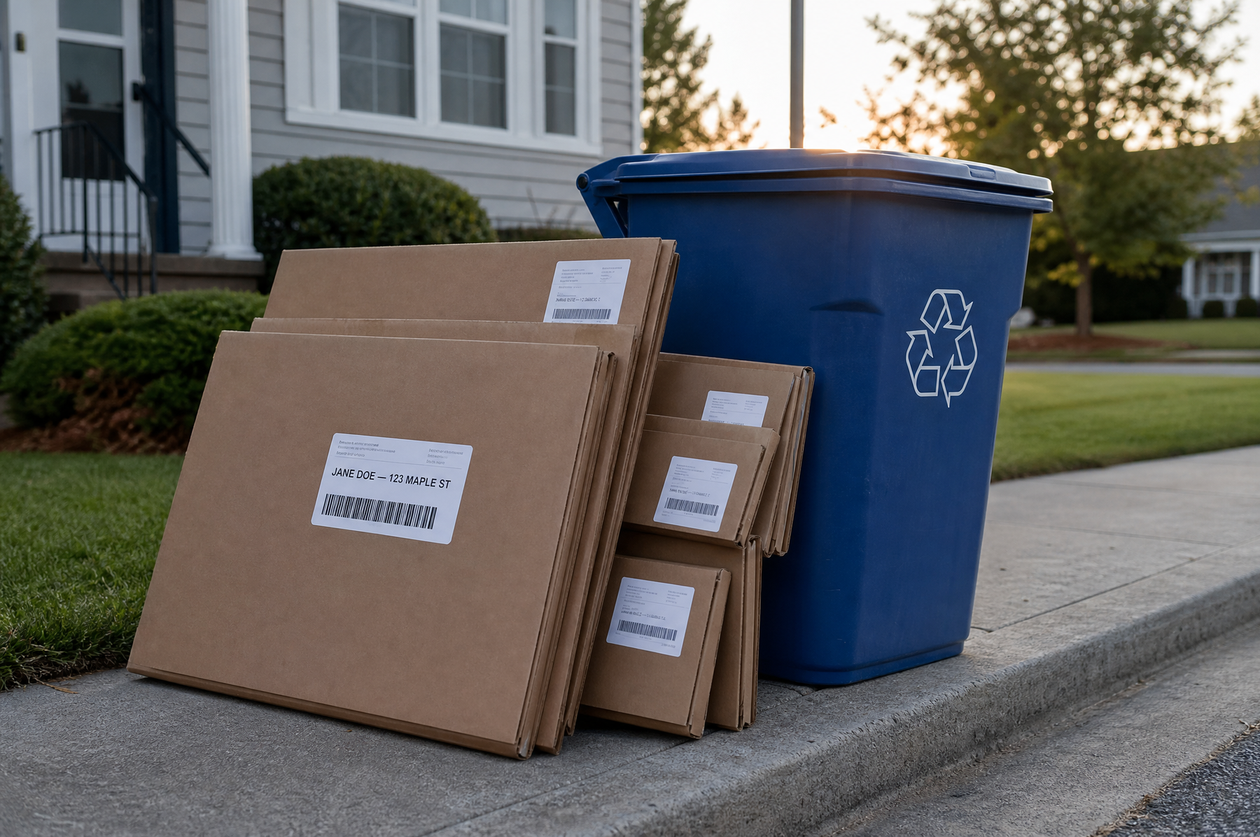 A stack of flattened cardboard delivery boxes at the curb for recycling, each with an intact shipping label showing a name and home address