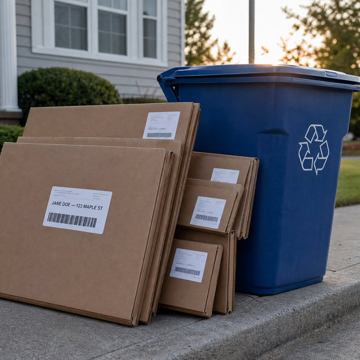 A stack of flattened cardboard delivery boxes at the curb for recycling, each with an intact shipping label showing a name and home address