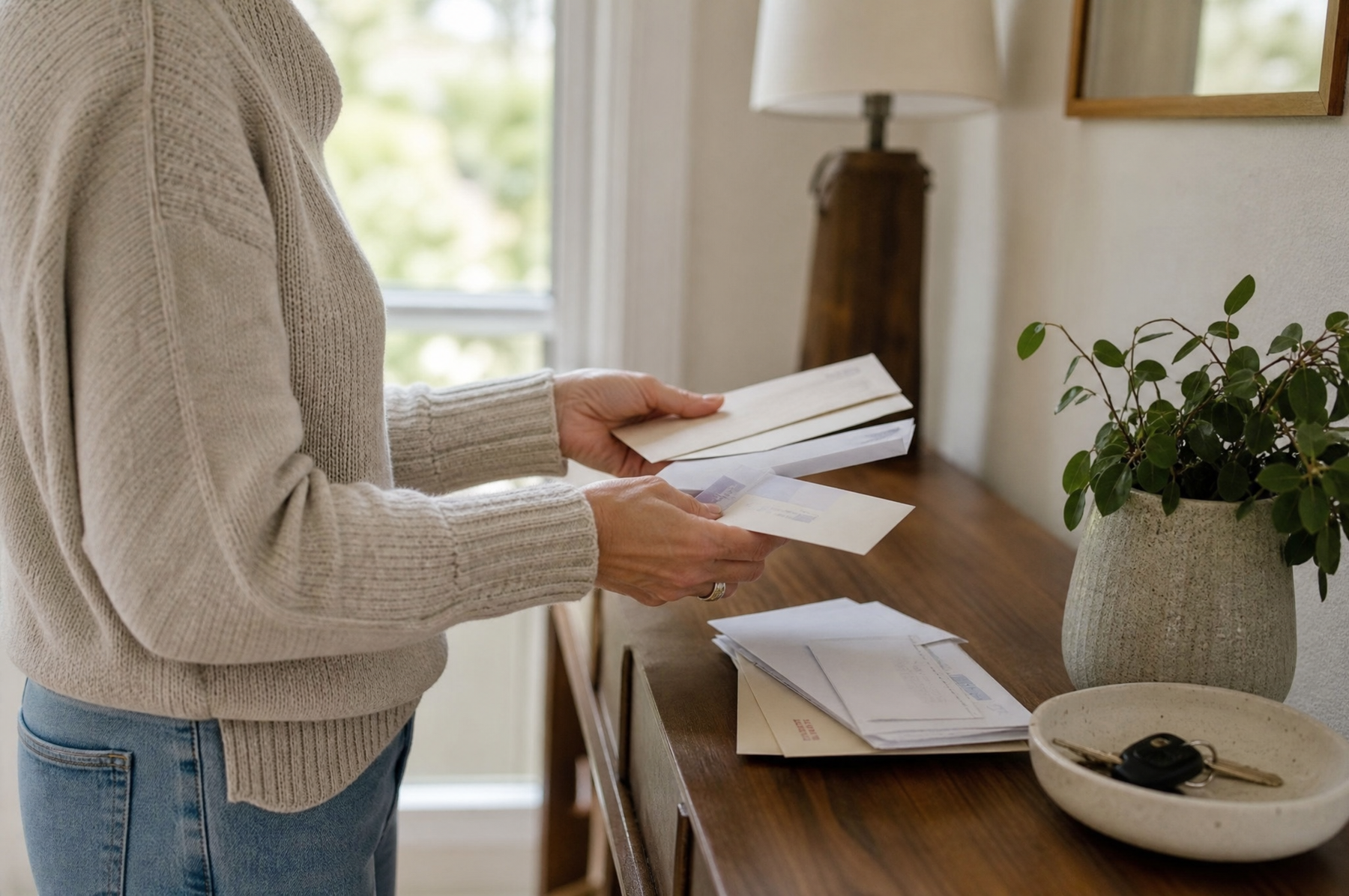 Person sorting mail at home, with envelopes resting on an entryway table