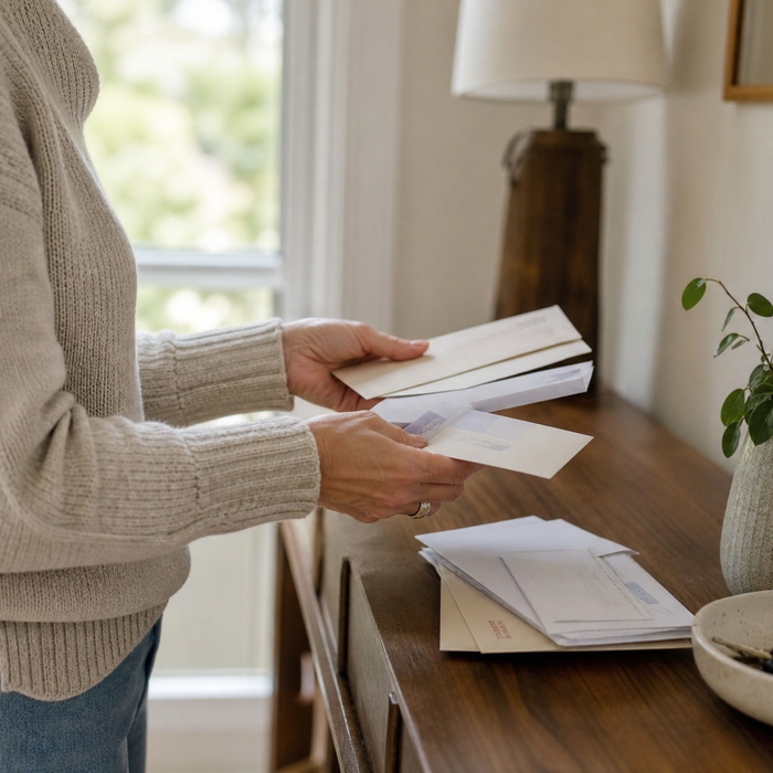 Person sorting mail at home, with envelopes resting on an entryway table