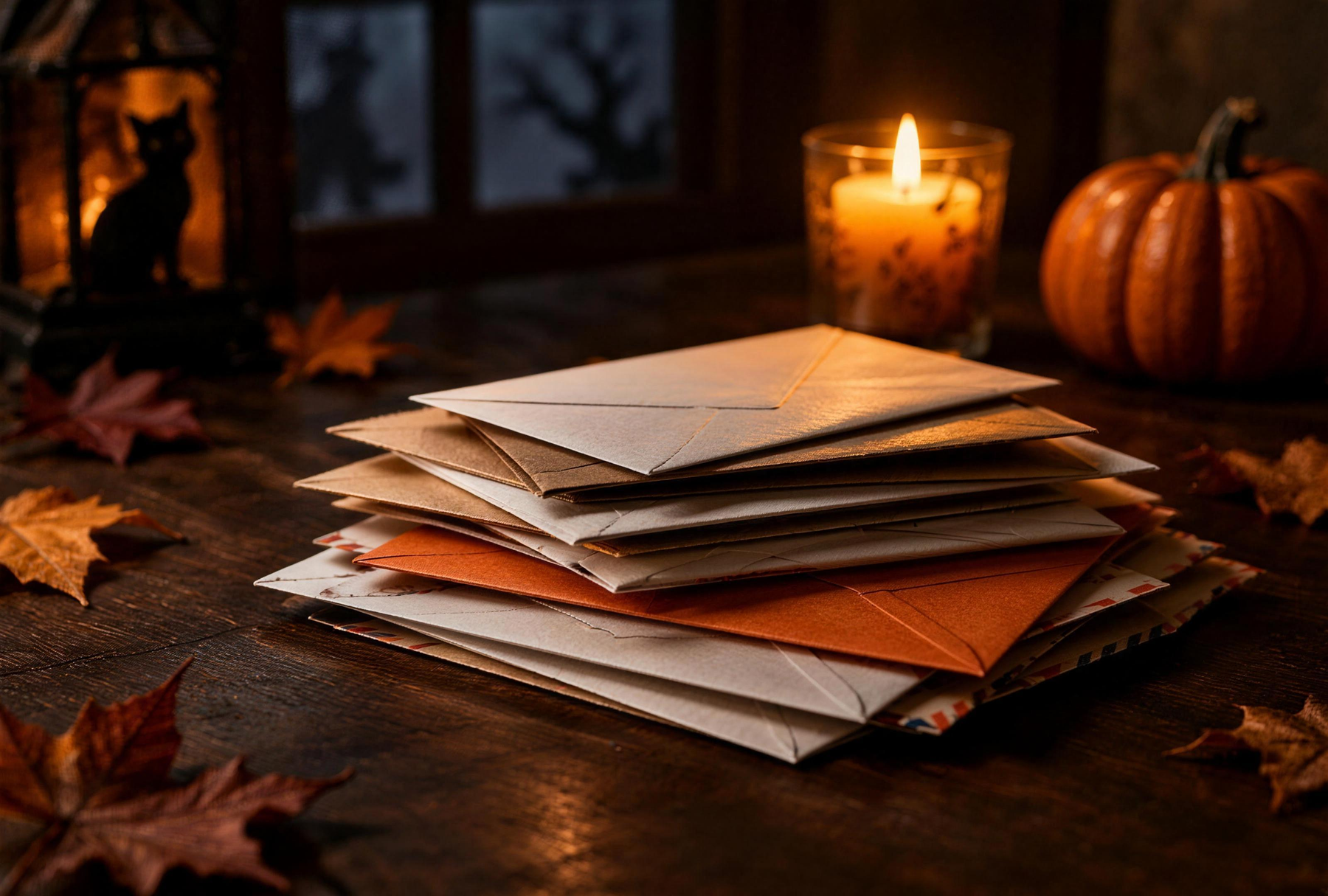 A pile of unopened mail on a dark table with a candle and pumpkin on a Halloween evening