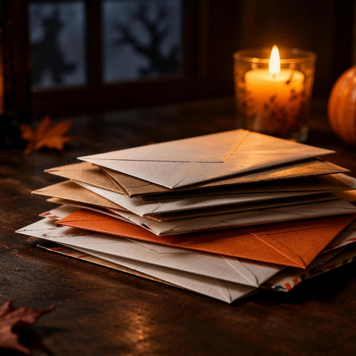 A pile of unopened mail on a dark table with a candle and pumpkin on a Halloween evening