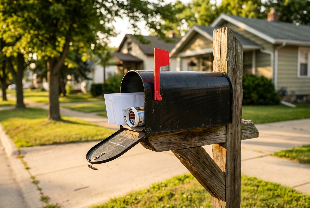A residential curbside mailbox with the door open, a couple of envelopes and a rolled catalog inside, on a quiet suburban street