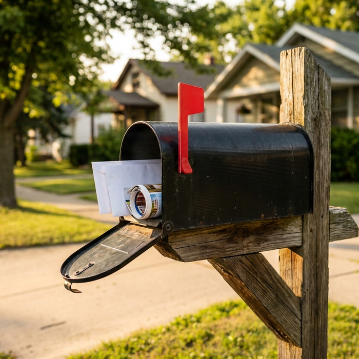 A residential curbside mailbox with the door open, a couple of envelopes and a rolled catalog inside, on a quiet suburban street
