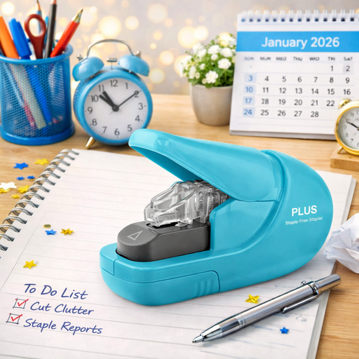 PLUS staple-free stapler on a desk with a notebook and calendar.