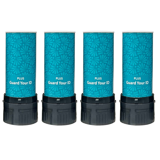 Four black slim eco-friendly rollers with a camouflage pattern, including a secure cap. Each roller has 'GUARD YOUR ID' printed on it.