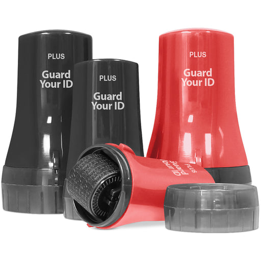 Two black and one red 'Guard Your ID' security stampers on a white background