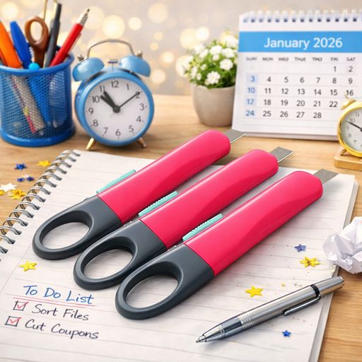 Three pink PLUS utility knives on a desk with a notebook, pen, and January 2026 calendar, styled for everyday organization.