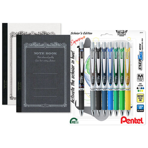Eight EnerGel RTX gel pens arranged next to two A6 Apica Nippon notebooks