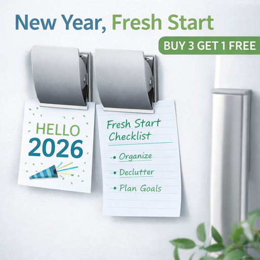 Silver magnetic clip magnets holding notes on a refrigerator, New Year Fresh Start theme, Buy 3 Get 1 Free.