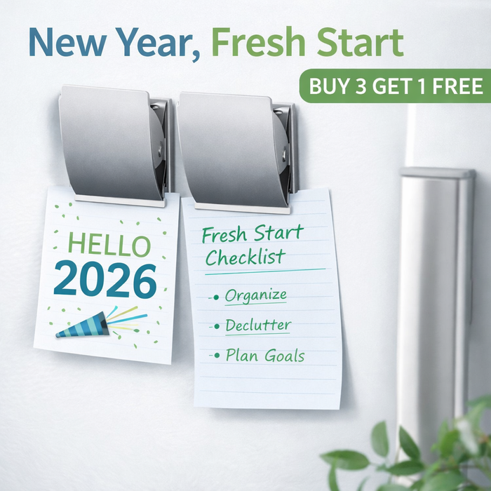 Silver magnetic clip magnets holding notes on a refrigerator, New Year Fresh Start theme, Buy 3 Get 1 Free.