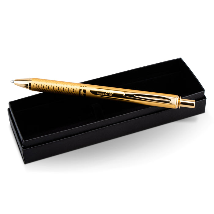 Pentel EnerGel Alloy Retractable Liquid Gel Pen, Gold Barrel, Black Ink, in gift box with info band