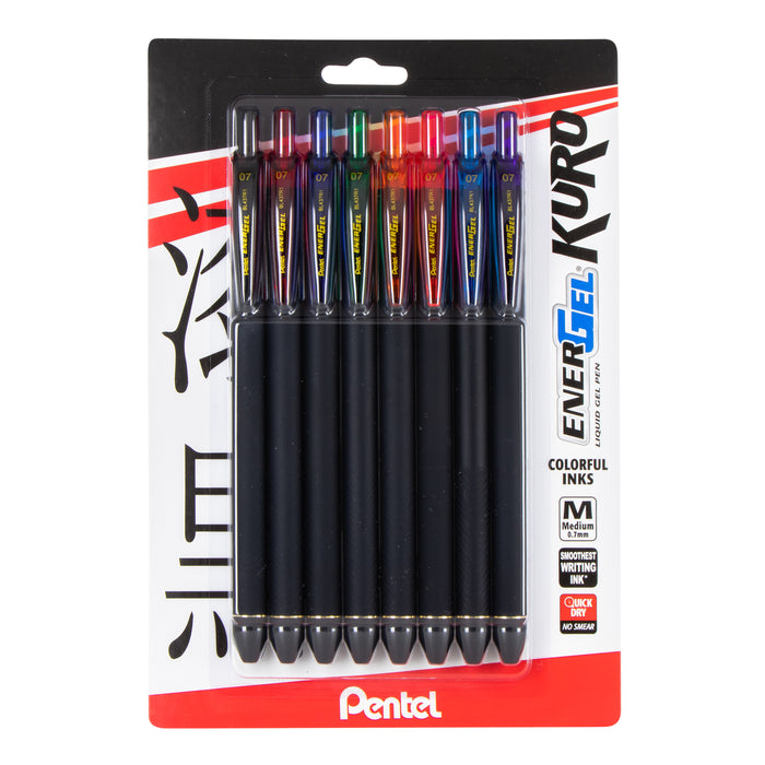Pentel EnerGel Kuro Liquid Gel Pen, (0.7mm) Medium line, Assorted Ink (A,B,C,D,F,P,S,V), 8-pk