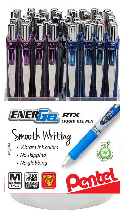 Pentel EnerGel RTX Retractable Liquid Gel Pen, (0.7mm) Metal Tip, Medium Line, Assorted Ink Colors, Open Stock Spinner Display - 60 Pieces