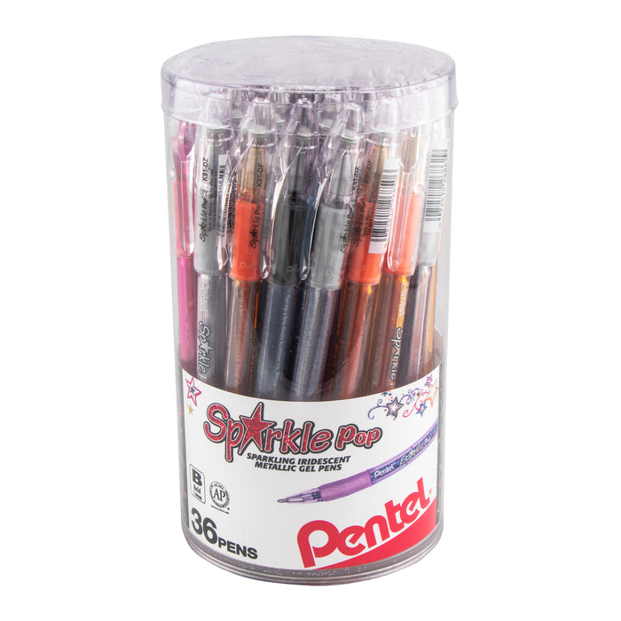 Pentel Sparkle Pop Iridescent Gel Pens, (1.0mm) Bold lines, Assorted Ink (A/C/D/F/P/V/X/Z) 36-pk Canister (single unit sale)