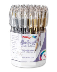 Pentel Arts Sunburst Metallic Gel Pen, Medium Line, Gold & Silver Spinner Display - 48 Pieces