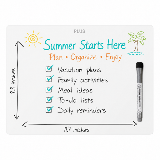 Dry erase board with 'Summer Starts Here' theme, checklists, and a marker on a white background.
