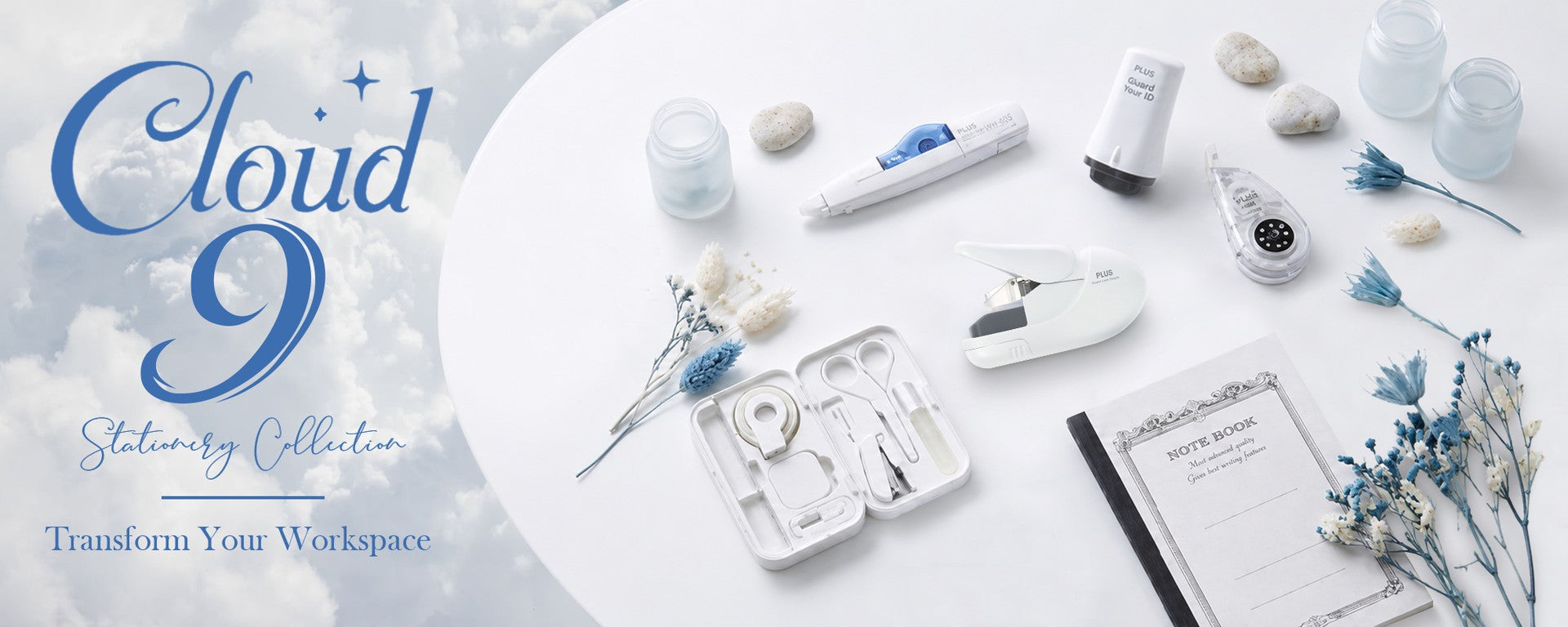 PLUS Cloud 9 Stationery Collection: transform your workspace with light, cloud-themed office tools. Shop the Cloud 9 collection.