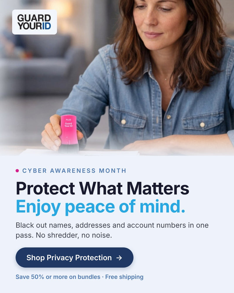 Guard Your ID Cyber Awareness Month: Protect What Matters, enjoy peace of mind. A woman rolls a pink Guard Your ID roller over her mail to black out names, addresses and account numbers in one pass, no shredder. Save 50% or more on bundles, free shipping. Shop Privacy Protection.
