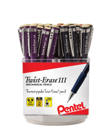 Pentel Twist-Erase III Mechanical Pencil, (0.9mm) Assorted Barrel Colors (A/B/C/V), Open Stock Spinner Display - 48 Pieces