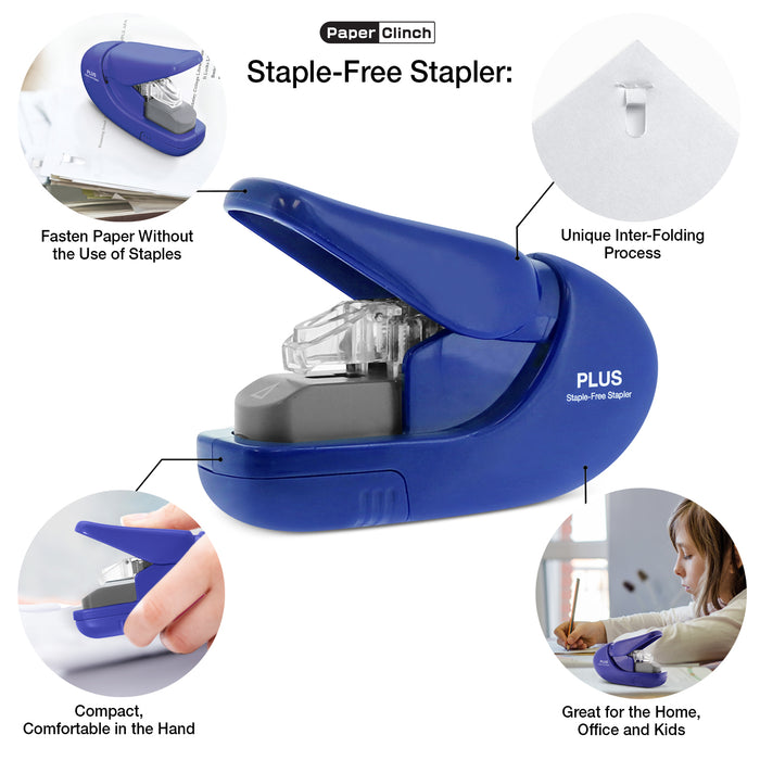 Plus Paper Clinch Compact Staple Free Staple Blue