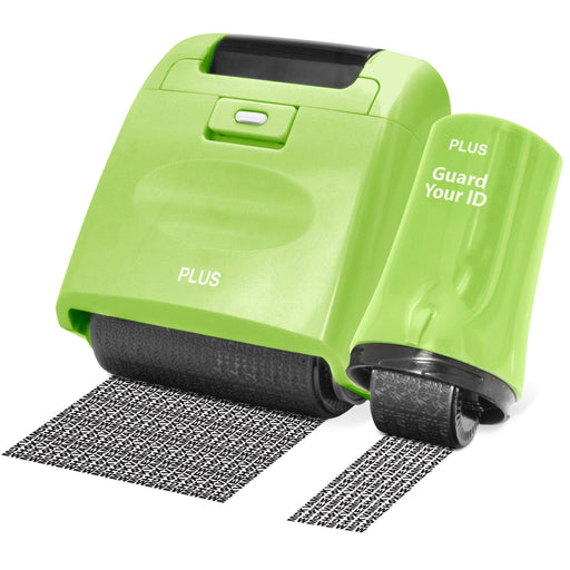 A green Guard Your ID roller security kit with an extra wide roller, along with its cap and ink pattern.
